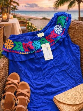 Layerz Clothing Blue One Shoulder Embroidered Top NWT Size Large